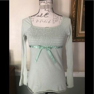 L8ter Long Sleeve Green Smocked Cotton Blouse